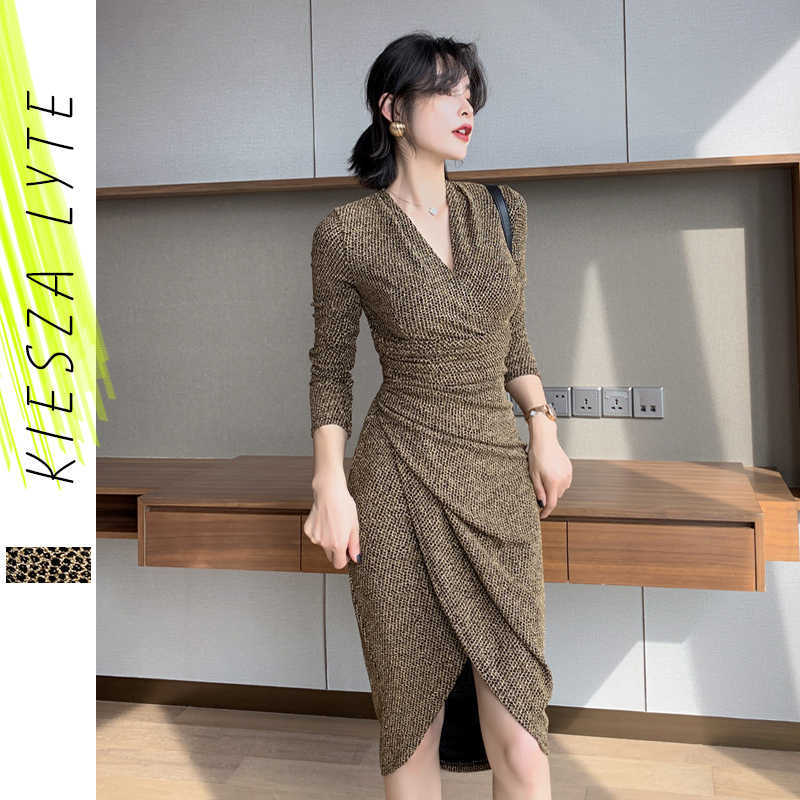 

Spring Sexy Party Dress Women Golden V-neck Drape Irregular Long Sleeve Ladies Vestidos 210608