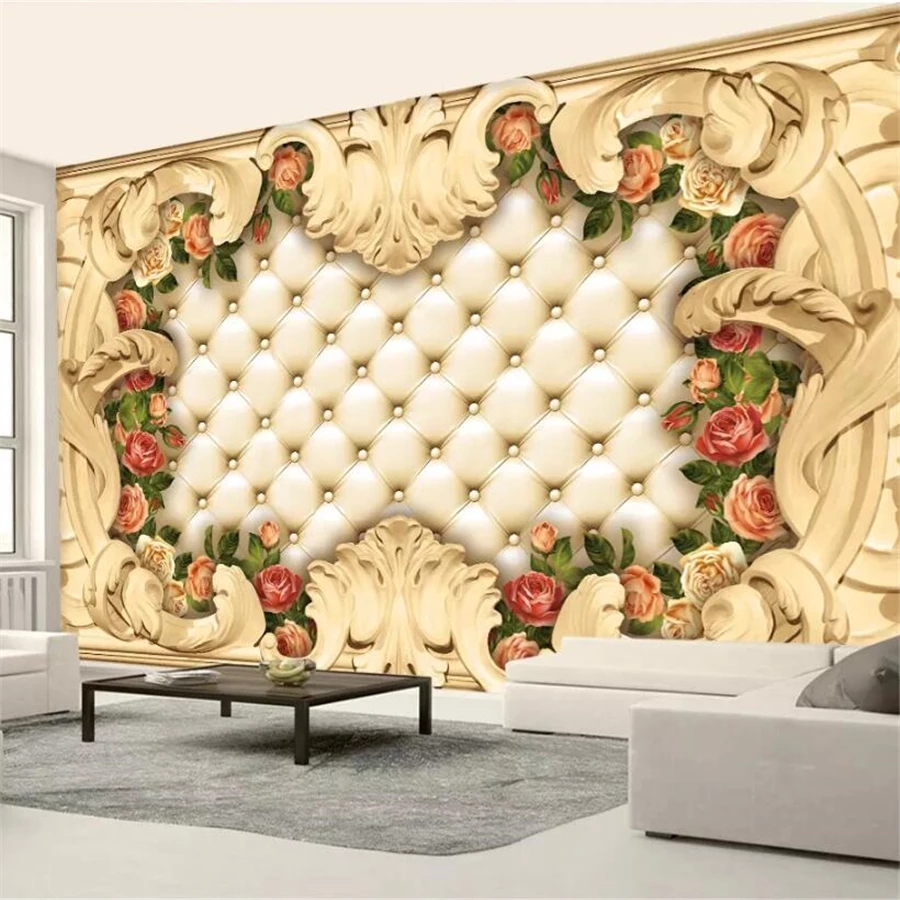 

Custom Size Large 3D wallpaper photo Murals Continental Border Luxury Soft Bags Rose Background Wall Self Adhesive Waterproof, Beige