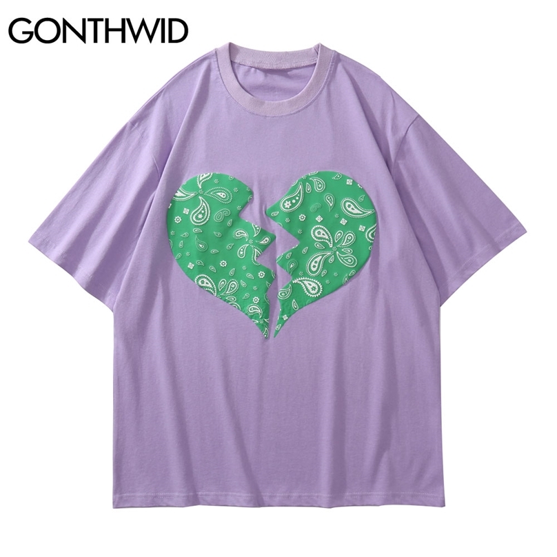 

Oversized Tshirts Streetwear Broken Heart Print T-Shirts Hip Hop Casual Fashion Holiday Harajuku Cotton Loose Tees Tops 210602, Black