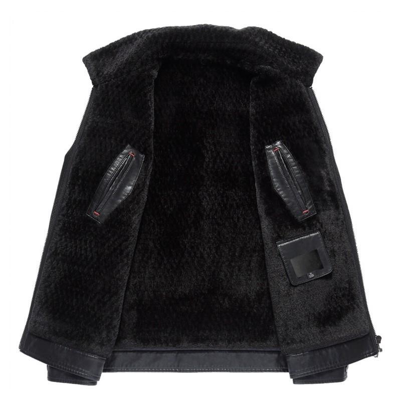 

Men's Fur & Faux Top Quality Mens Winter Motorcycle Biker Lining Leather Jacket Zipper Windbreaker Business Casual Chaqueta Cuero Hombre, Black