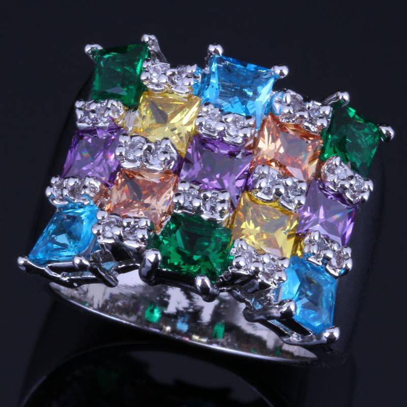 

Cluster Rings Glaring Square Multigem Multicolor Sky Blue Cubic Zirconia Silver Plated Ring V0577