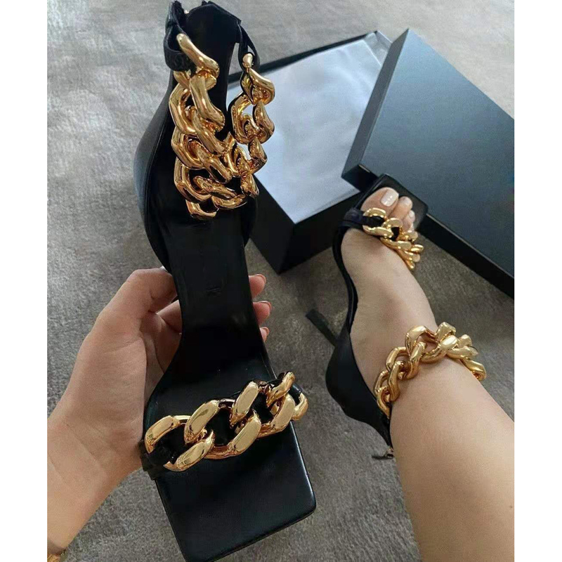 21ss Newest Luxury Genuine Leather Chain 8.5CM High heeled sandals Gladiator Women Fine heel Top quality Fashion sexy party woman shoes Slippers big size 35-41 BOX