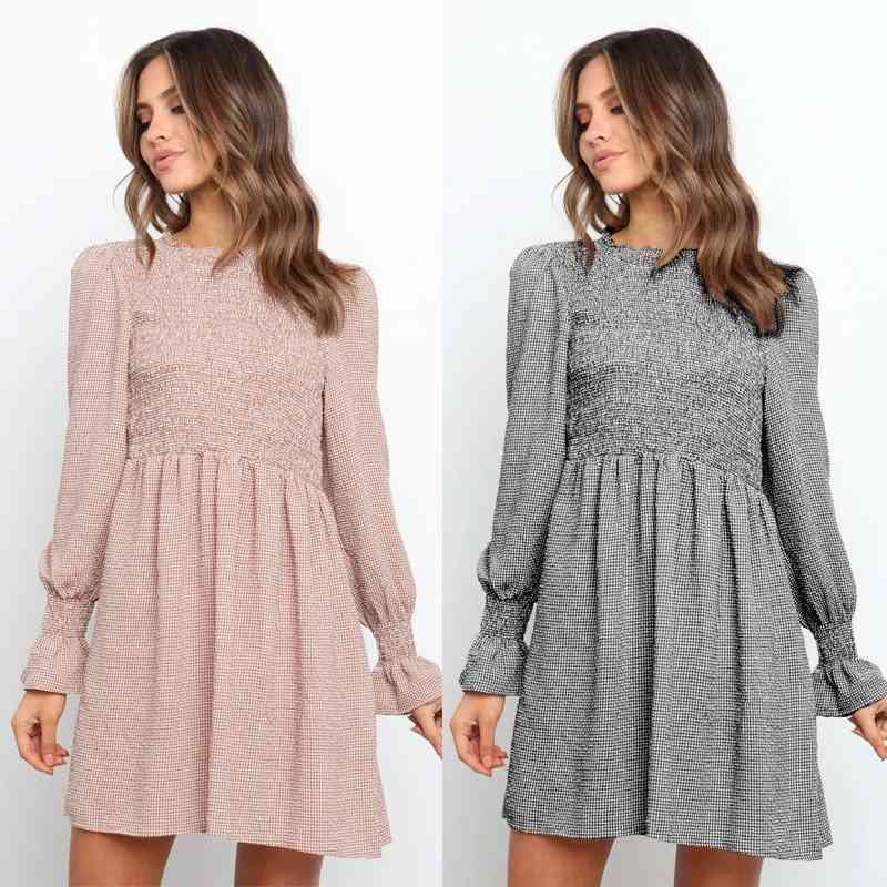 

2020 autumn new long sleeve round neck open back lace up plaid dress for women, Black;gray