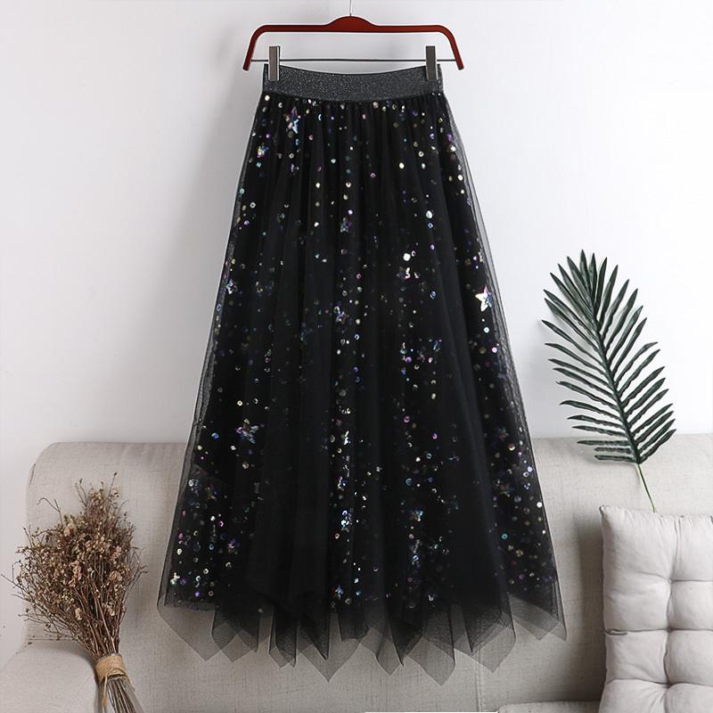 

Casual Dresses Layered Tulle Embroidered Sequins A-line Maxi Long Skirts Gray KF7T, Apricot
