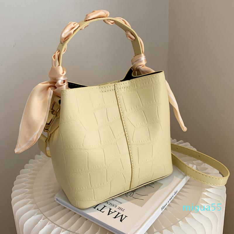 

Shoulder Bags Women Fashion Silk Scarf Handbags High Quality Stone Pattern PU Leather Bucket Bag Purse, Beige
