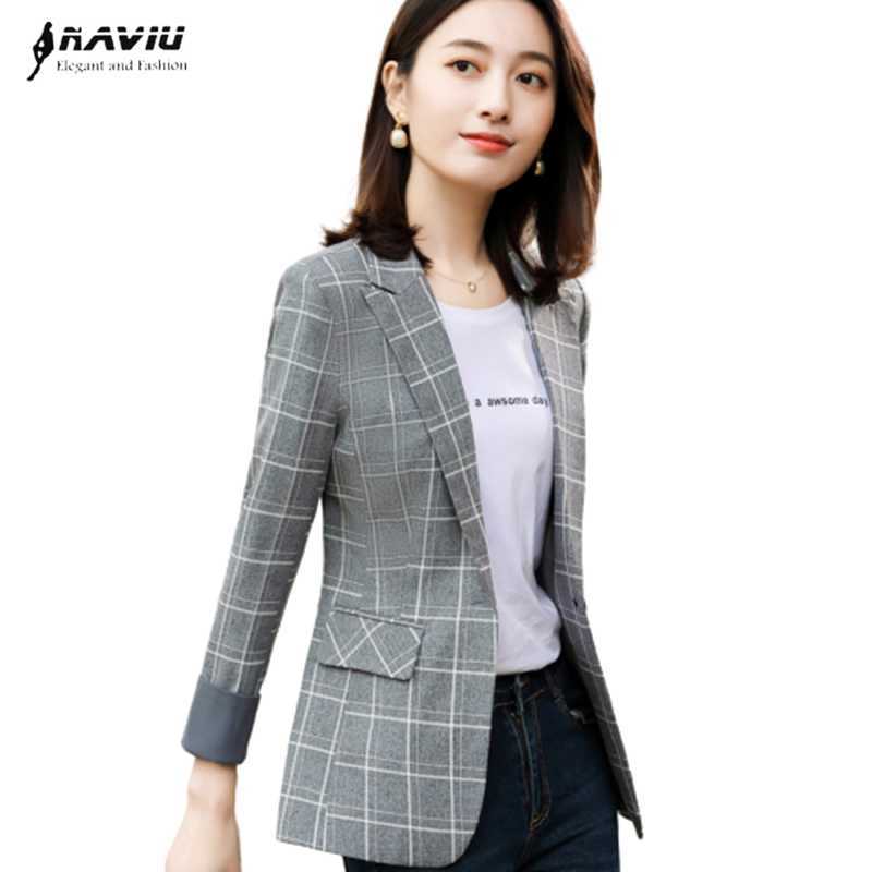 

Gray Pladi Blazer Women Autumn Fashion Temperament Casual Long Sleeve Office Ladies Formal Work Coat 210604, Apricot blazer