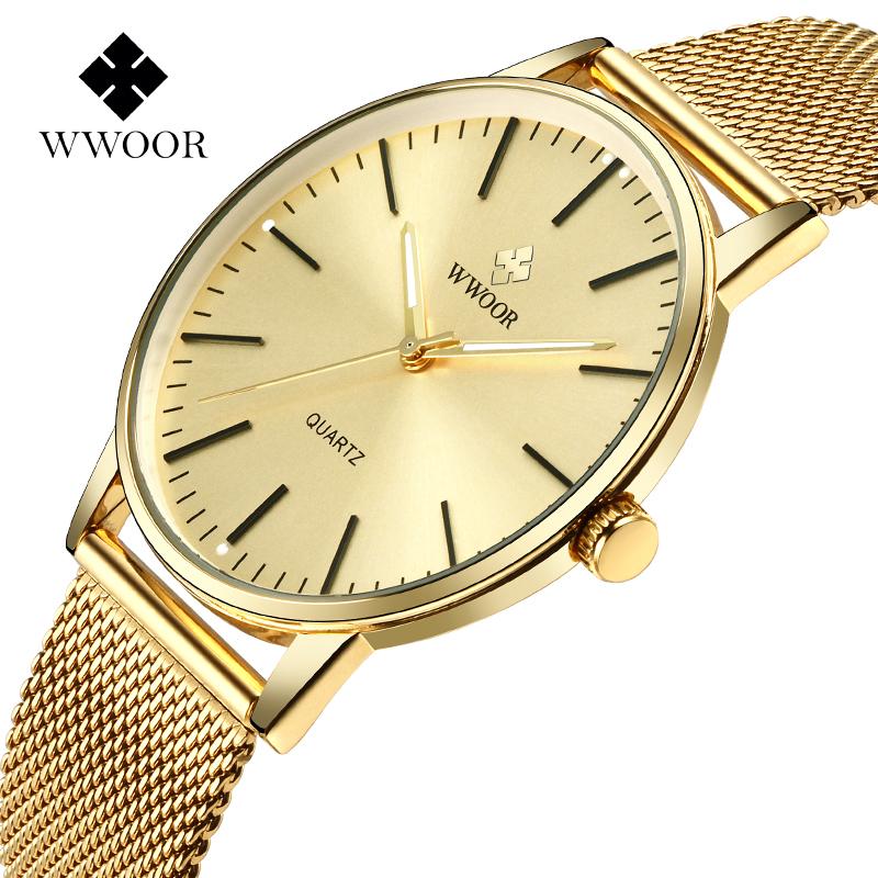

Wristwatches WWOOR Golden Watches For Men Top Full Gold Ultra Thin Steel Mesh Quartz Clock Mens Wrist Watch Relojes Hombre 2021
