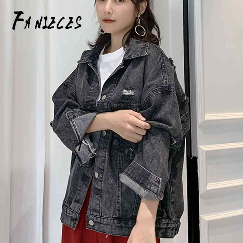 

Basic Bomber Coat Vintage Fabric Print Patchwork Denim Jacket Women Cowboy Jeans Autumn Frayed Ripped Hole Jean Outwear 210520, Blue