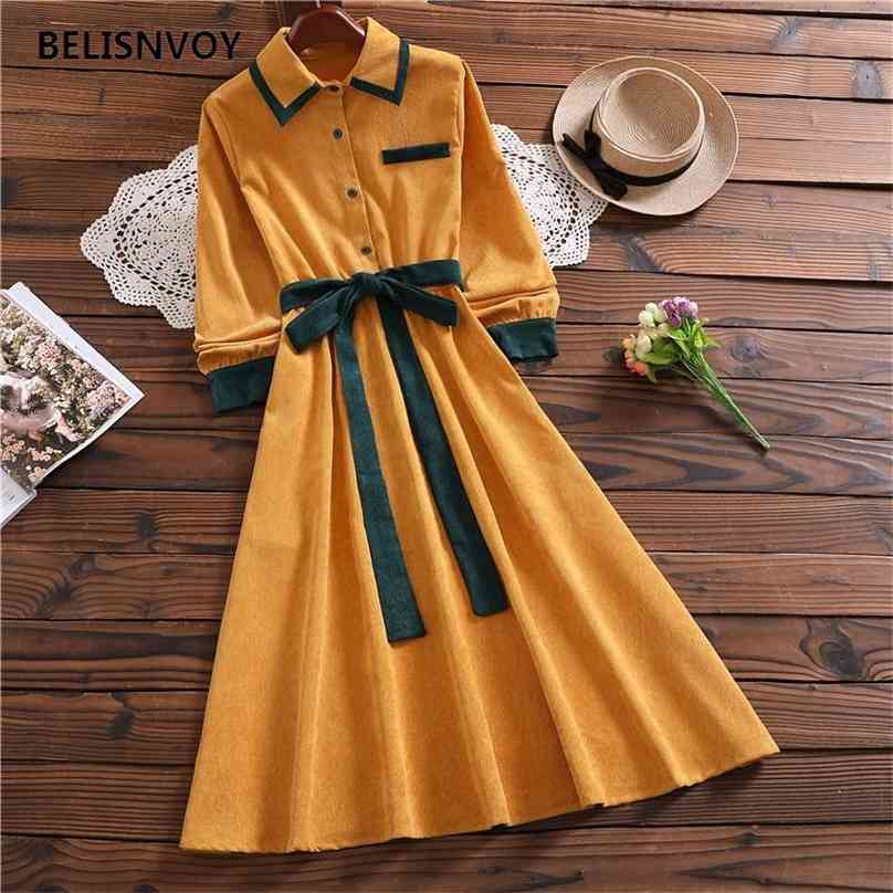 

Women Vintage Belted Dresses Turn-down Collar Patchwork Office Lady Midi Pocket Chic Elegant Party Swing Vestidos 210520, Yellow