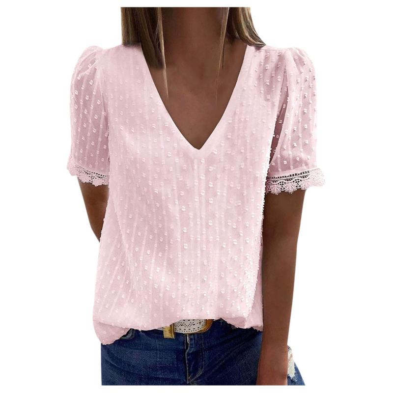 

Women' Blouses & Shirts Solid Color V Neck Blouse Sexy Lace Short Sleeve Vintage Elegant Tunic Pullover Tops Magliette Donna #G2, Black