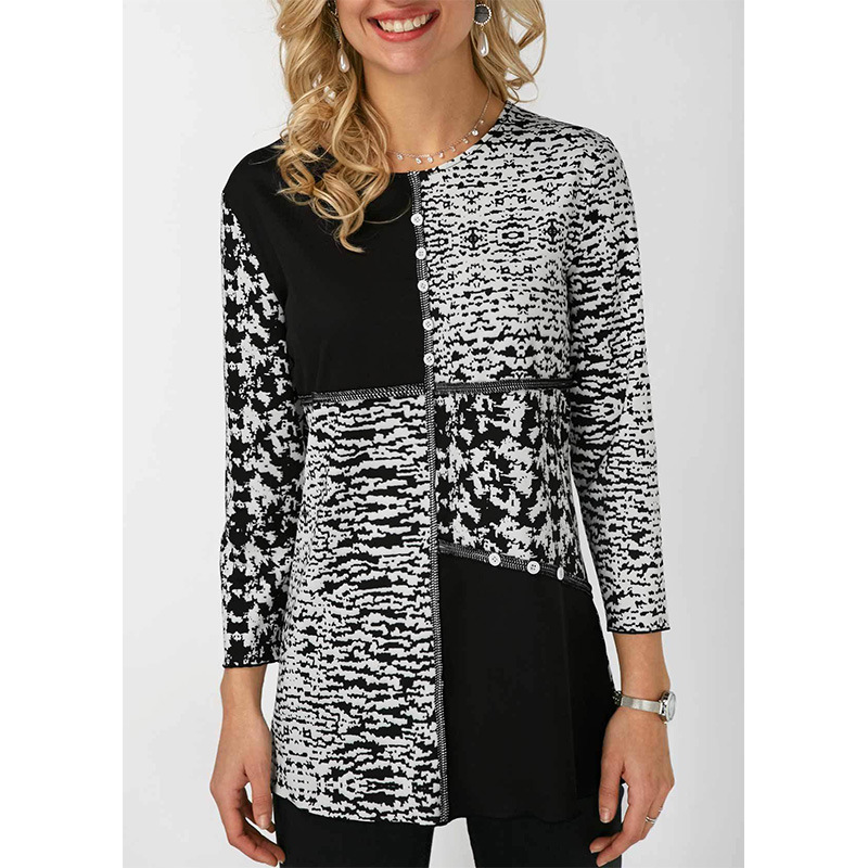 

Women' T-Shirt Plus size women' round neck long sleeve slim knit sweater, Black