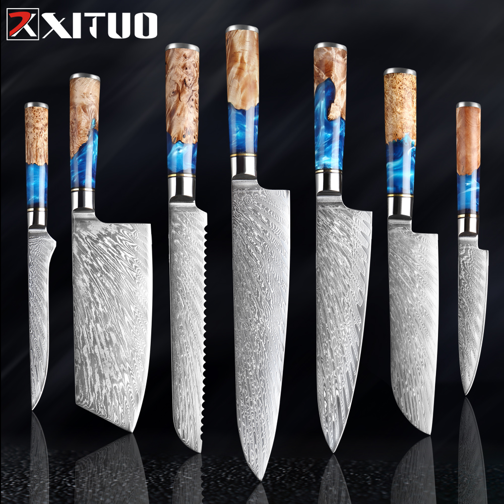 

XITUO Kitchen Knives-Set Damascus Stee VG10 Chef Knife Ceaver Paring Bread Knife Bue Resin and Coor Wood Hande 1-7PCS set