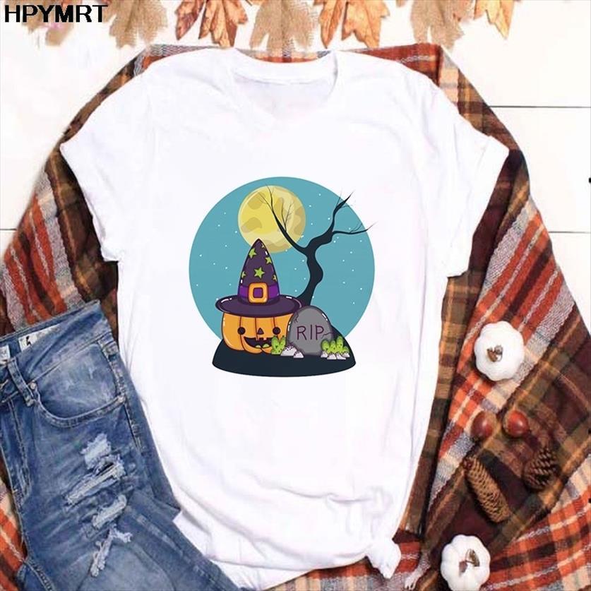 

halloween pumpkin print tee women kawaii summer cartoon clothing harajuku fashion casual female o neck, White
