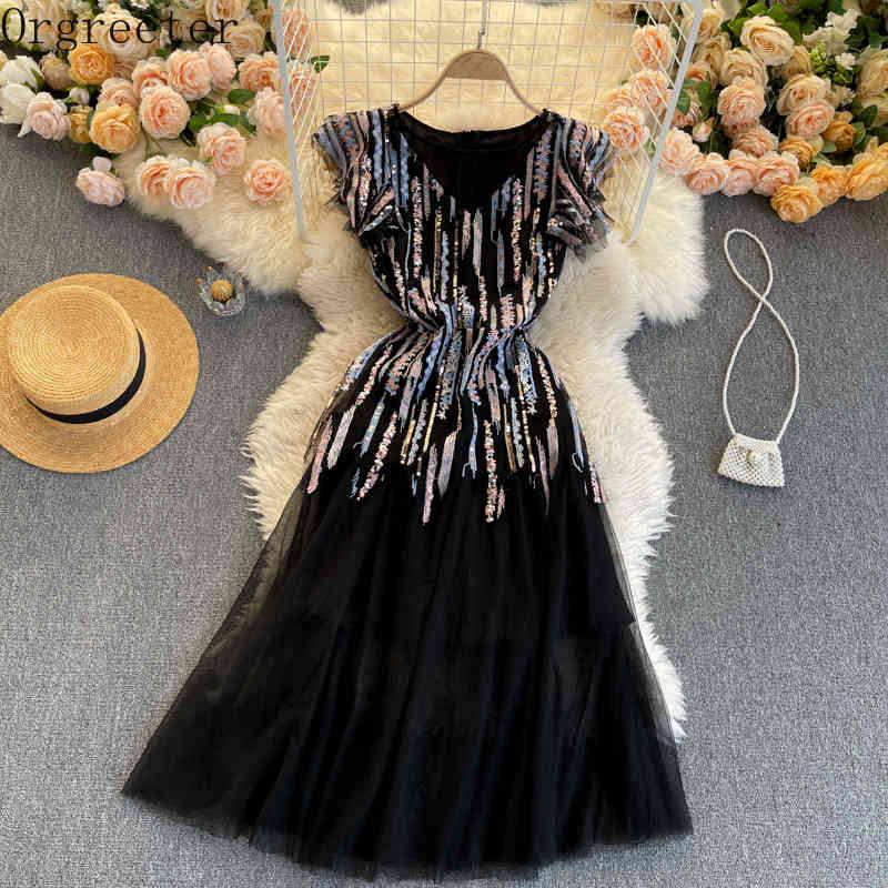 

Summer Fashion Elegant Ladies Dress Women Round neck Ruffled Flying Sleeve Sequined Embroidery Slim Black Mesh 210525