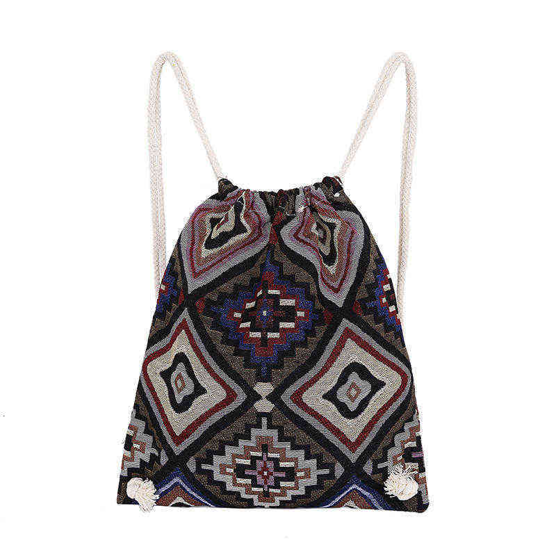 

HBP Non-Brand Heavy knitting drawstring double shoulder Bohemian ethnic style geometric bundle pocket knapsack bag sport.0018, Red