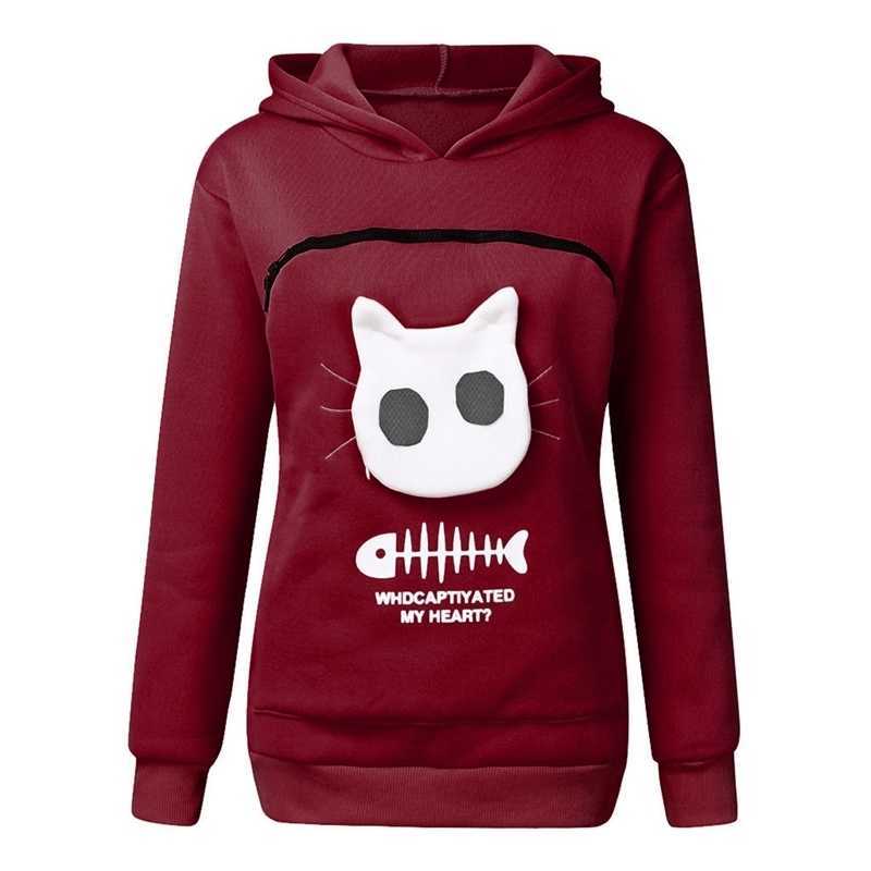 

Women Cats Kangaroo Dog Pet Paw girls Pullovers Cuddle Pouch Sweatshirt Pocket Animal Ear female Hooded Hoodie, Red