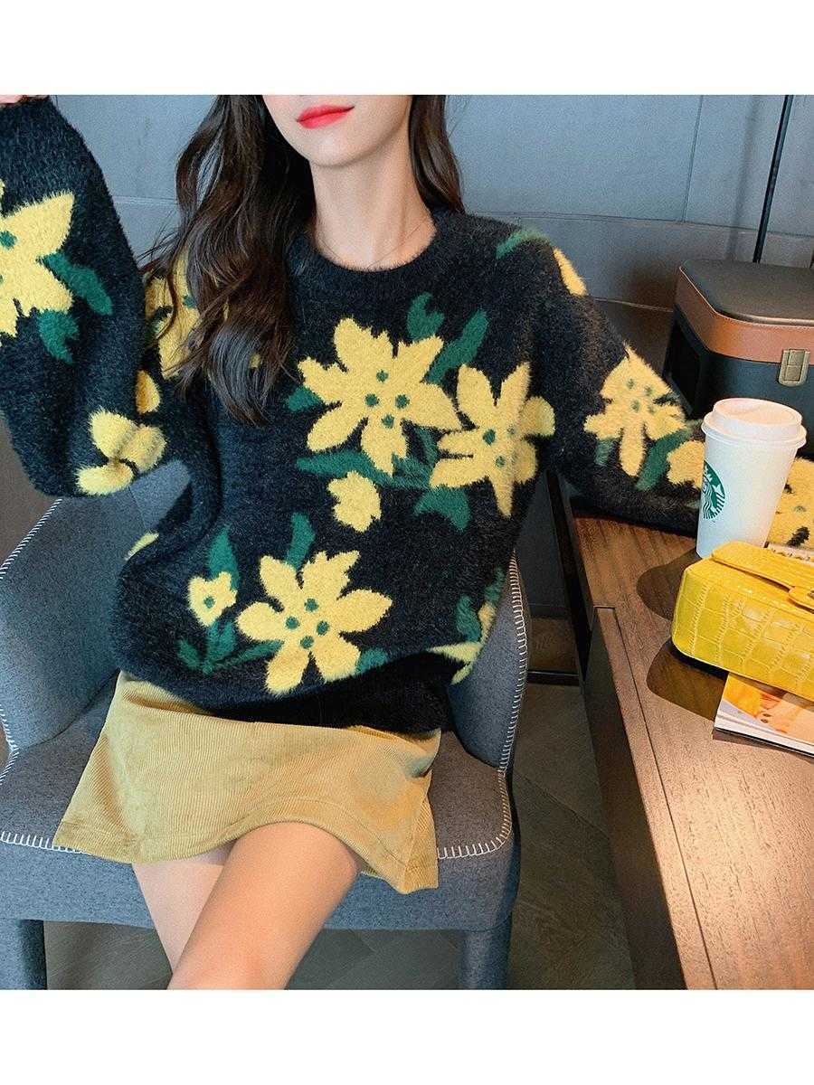 

autumn female long sleeve flower pullovers sweaters loose Casual thin O-neck knitting sweater women coat 210602, Black
