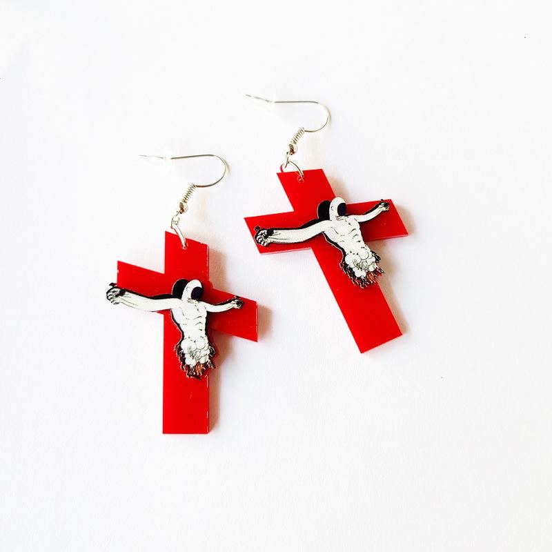 

Dangle & Chandelier Hyperbole Big Red Cross Jesus Acrylic Earrings For Women Men Horrible Cool Punk Night Club Party Jewelry