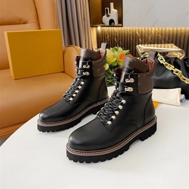 

2022 Fashion Designer Ankle boots Women Shoes Winter Boots Ladies Girls Silk Cowhide Leather High Top Womens Flat Ankle Boot, Black