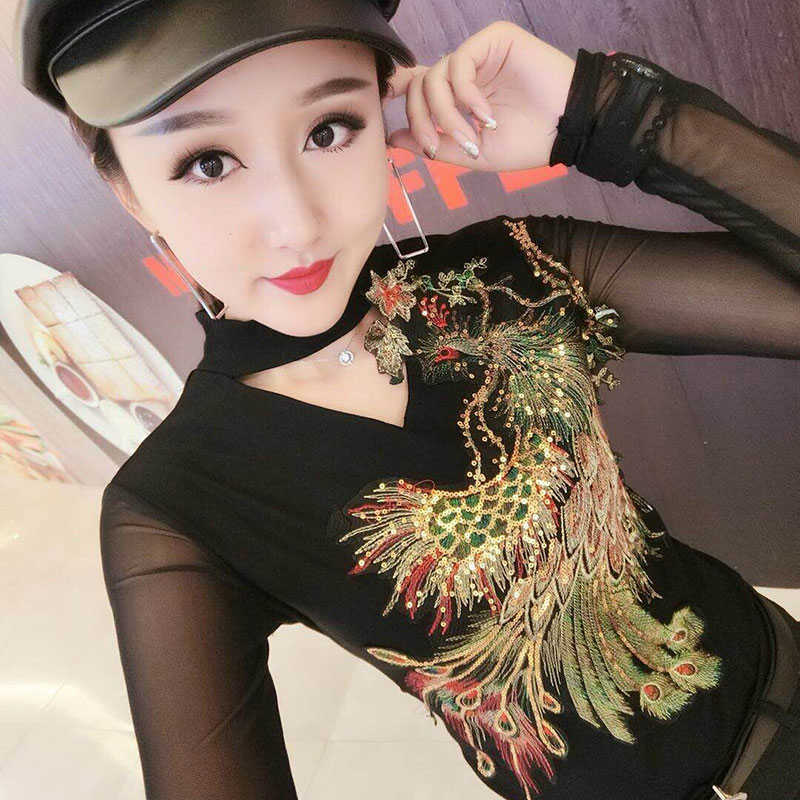 

Lace Embroidered Blusas Top Diamonds Beading Long Sleeve Basic Blouses Pullovers Korean Sexy Slim Autumn 210601, Black