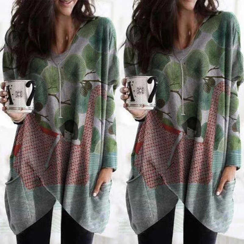 

Autumn Women Long T-shirt Casual V Neck Sleeve Pocket Girl And Tree Print Loose Tees Ladies Irregular Pullover Top 210526, Green