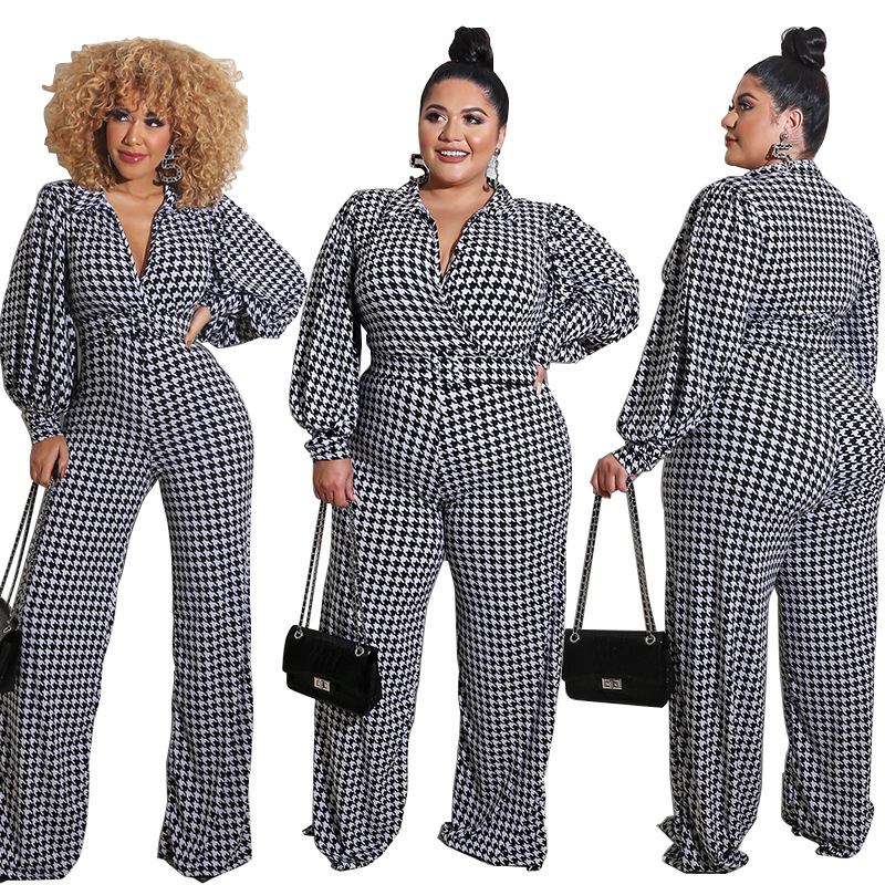 

Plus Size Jumpsuits Women Lapel One Piece Romper Elegant Bird Lattice Straight Trouser Jumpsuit With Sash Wholesale Dropshipping, Black white