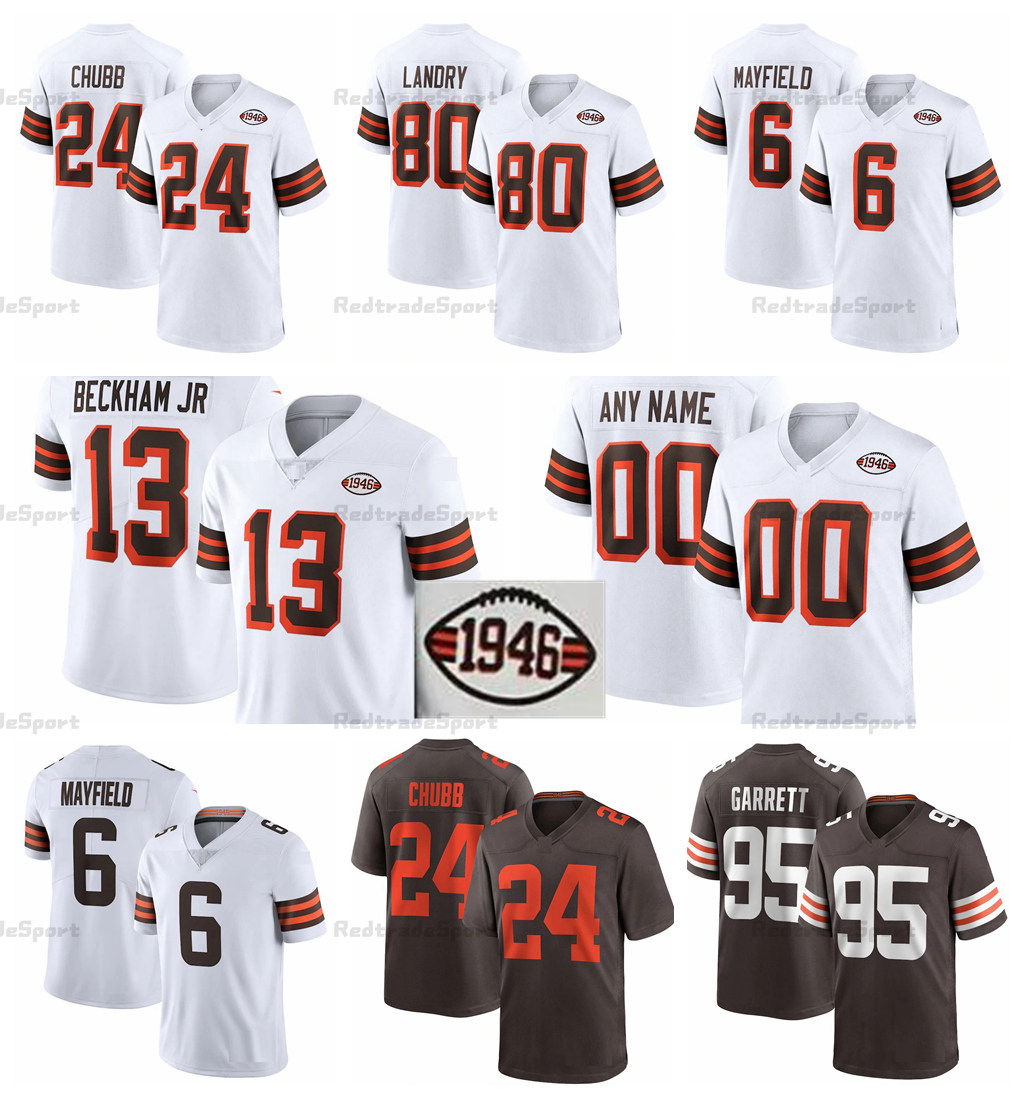 

2021 Men football 13 Odell Beckham Jr 6 Baker Mayfield Jersey 95 Myles Garrett 24 Nick Chubb 80 Jarvis Landry Orange 1946 jerseys 75th Stitched Shirts, Black;red