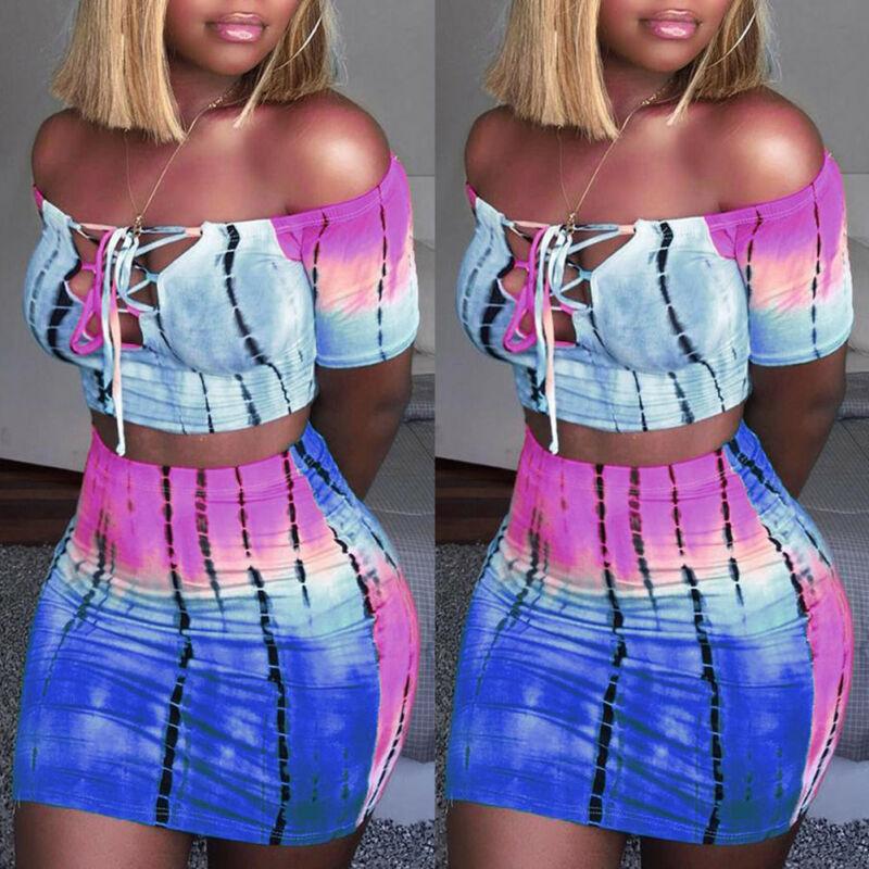 

Two Piece Dress Womens 2 Bodycon Clothes Sets Off Shoulder Tops T-shirt Lace Up Neck Crop Tops+ Skirts Striped Club Wear, Pink