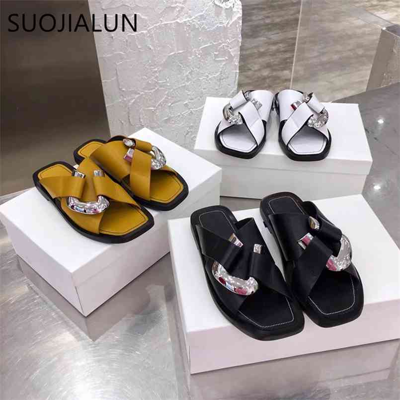 

SUOJIALUN Summer Women Slippers Fashion Brand Metal Buckle Sandal Flat Heel Ladies Casual Slip On Slides Outdoor Flip Flops 210628, White