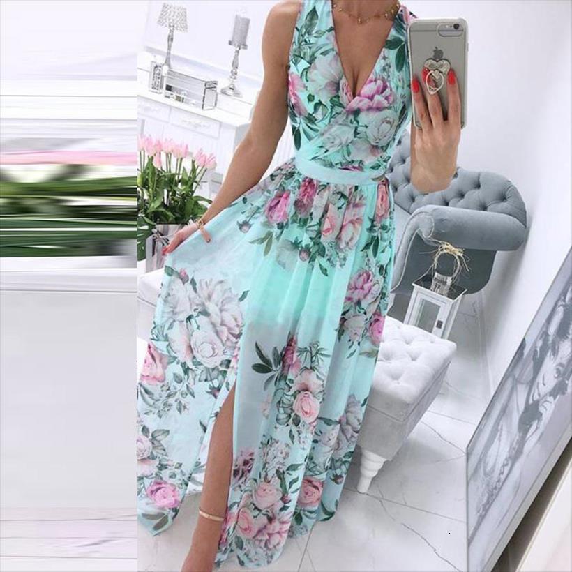 

summer beach deep women dress v neck sleeveless chiffon split maxi vintage floral print long dresses party vestido, Black;gray
