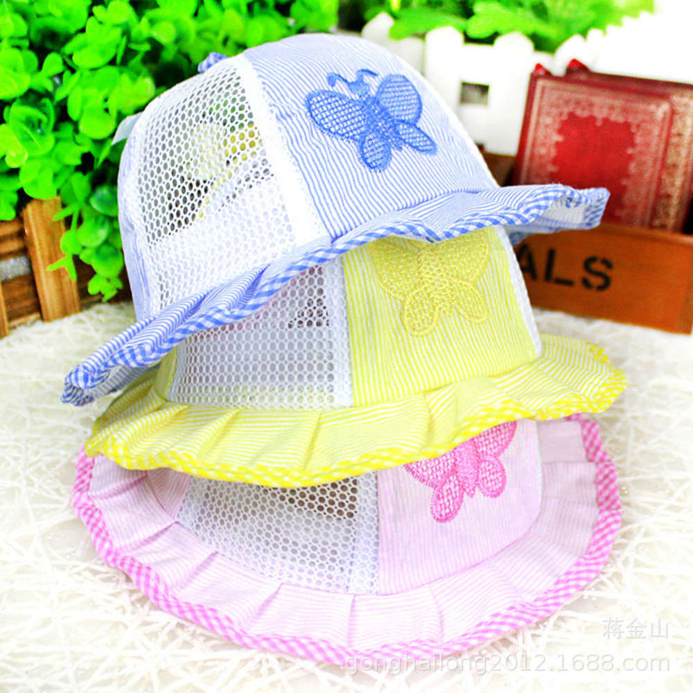 

Summer girl's net hat embroidered butterfly basin frill Princess Hat windbreak rope breathable baby sunshade, Yellow