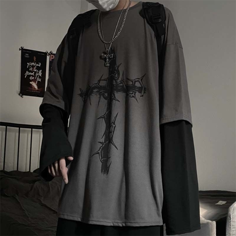 

QWEEK Gothic Style Tshirt Mall Tops Punk Long Sleeve Oversized T-shirt Japanese Streetwear Fashion Korean 210708, Dark gray