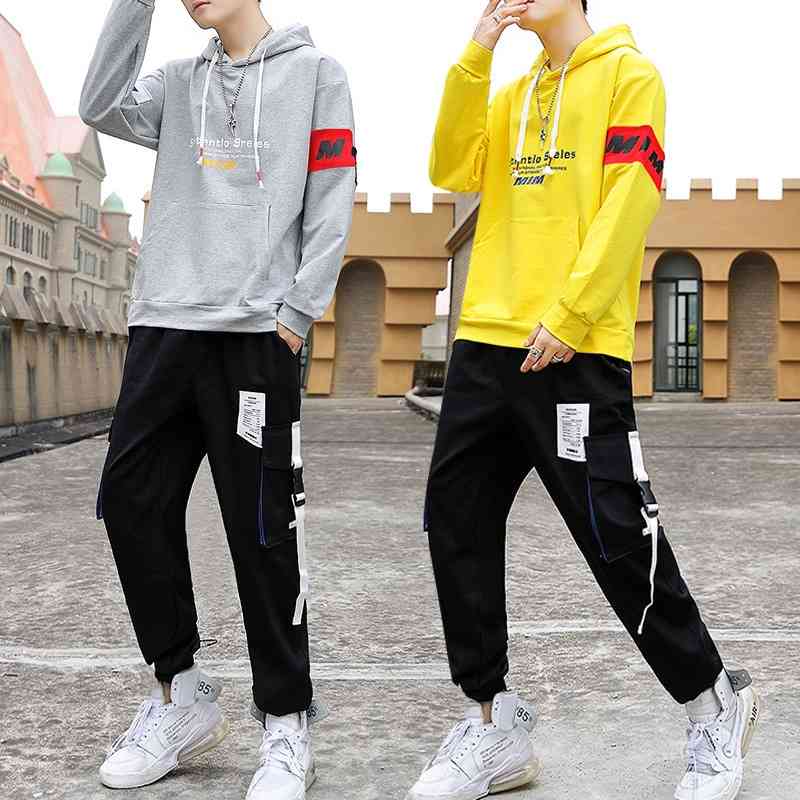 

Men's casual a set of autumn fashion brand T-shirts, fat men's oversized clothes, Korean fashion, ruffian and handsome, Gray