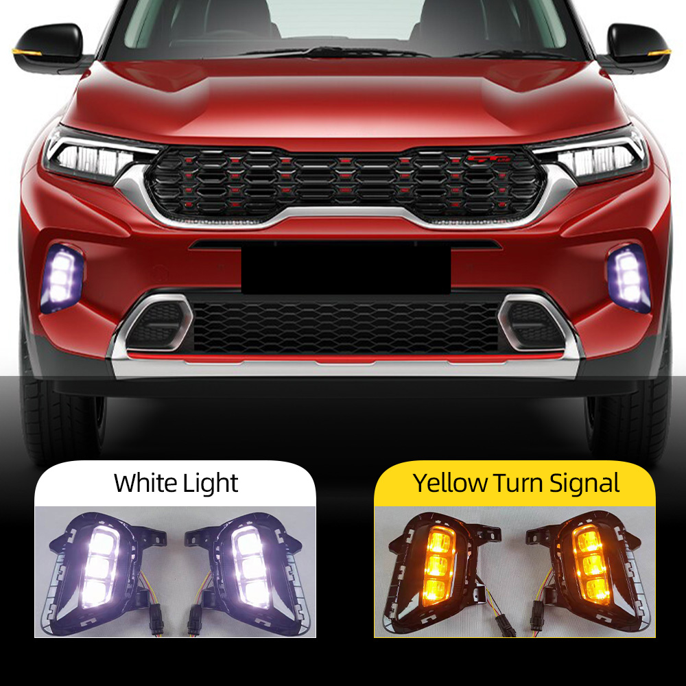 

2PCS Auto lighting For Kia Sonet 2020 2021 Car Daytime Running Light Fog light Lamp LED DRL With yellow turn signal