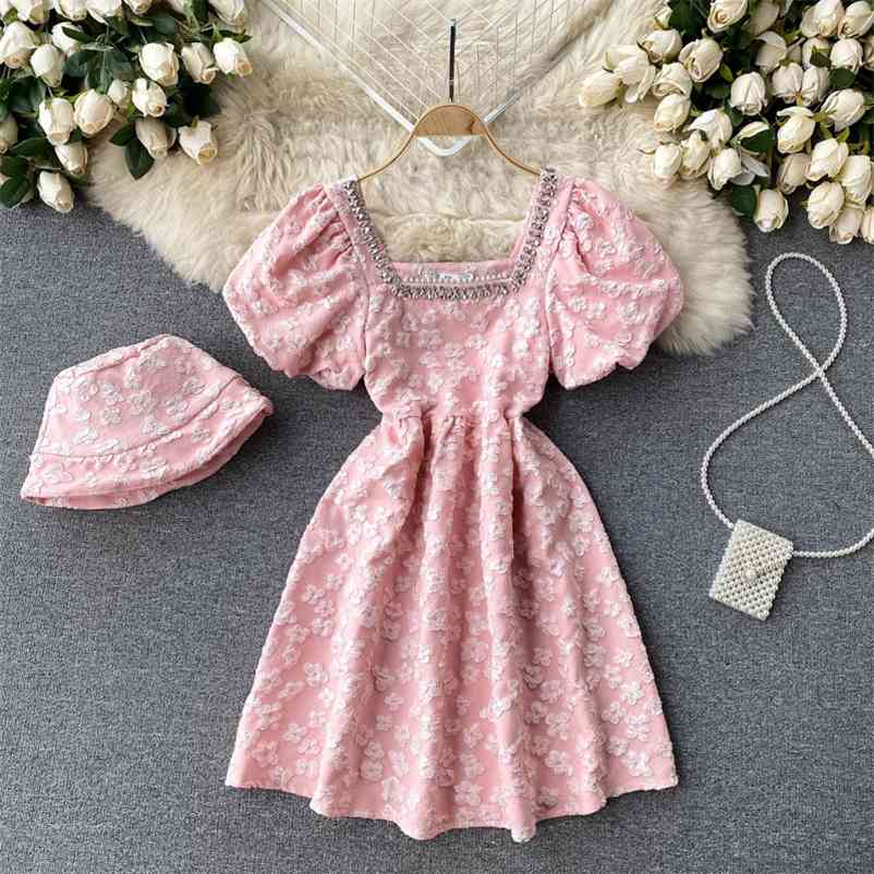 

Small dress heavy industry diamond-studded square neck slim short retro style jacquard female summer 210525, White