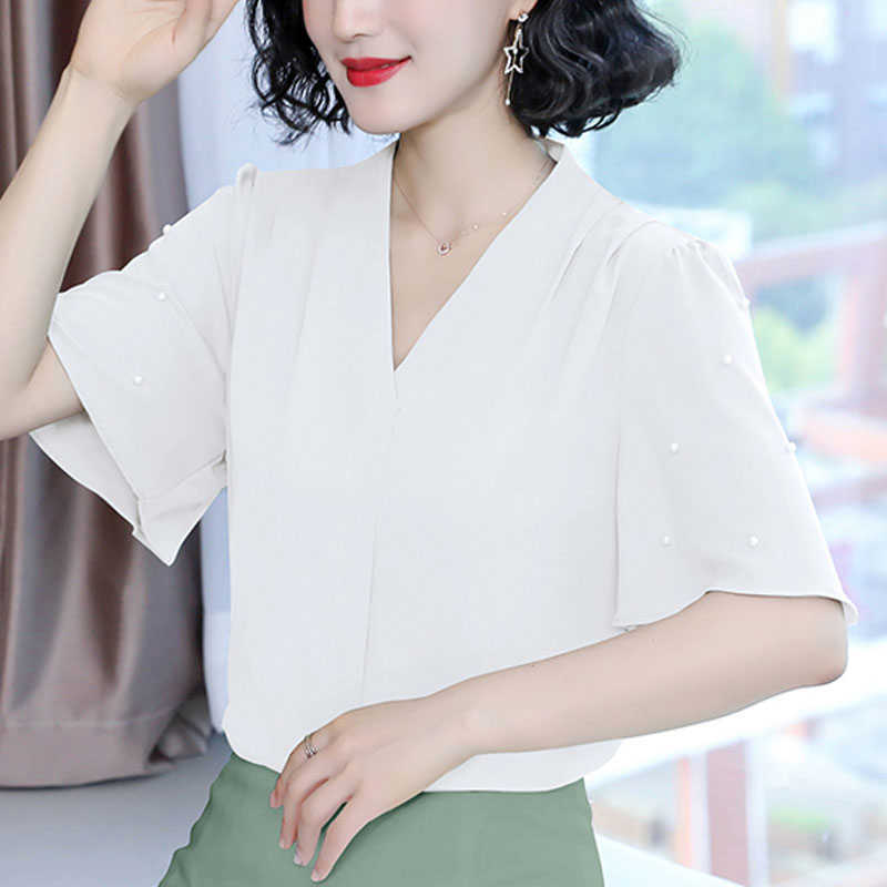 

Blouse Women V-neck Chiffon Blouse Tops Beading Short Sleeve White Blouse Shirt Women Tops Shirts Blusas Camisas Mujer D200 210602, Orange