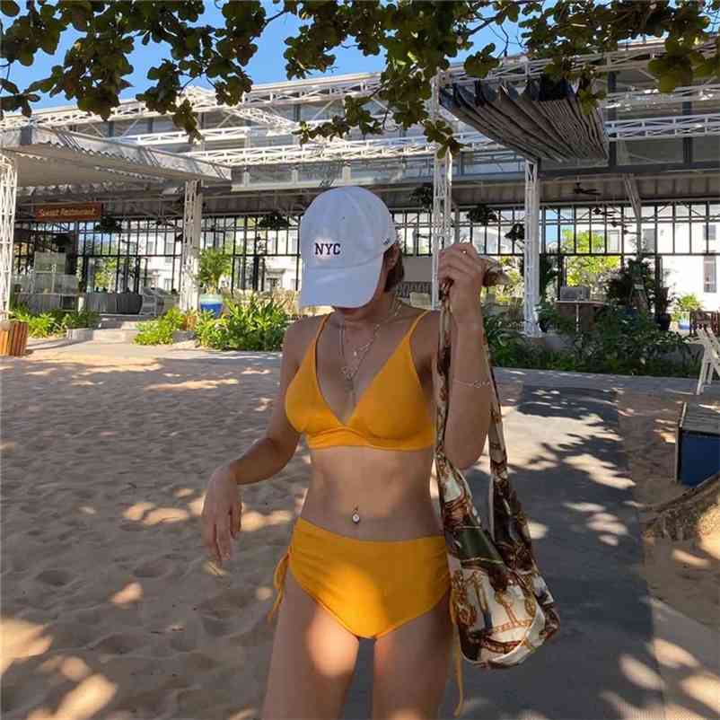 

high waist bikini small breasts gathered conservative women Korean spring swimsuit split sexy 210603, Yellow
