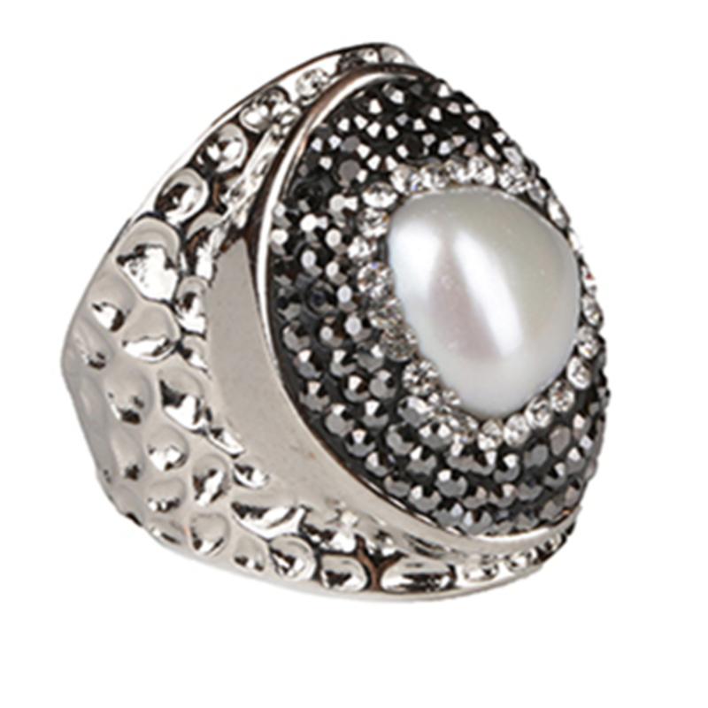 

Cluster Rings Freshwater Pearl Bead Micro Pave Rhinestone Beads Wrapped Resizable Wide Open Hammered Gold Ring Cuff For Woman, Golden;silver