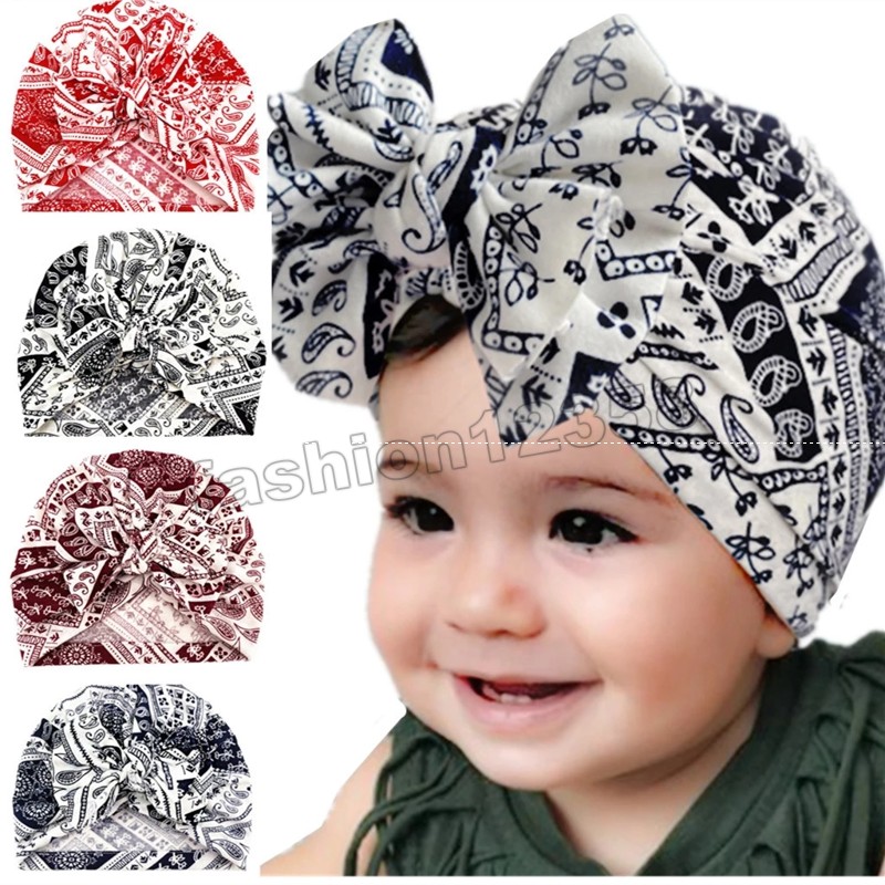 

2021 Fashion Print Kids Turban Hijab Caps Muslim Baby Wrap Head India Hats Boy Girls Soft Headtie Bonnet 1-4 Years Old, Mixed color