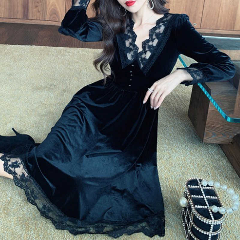 

Balck Vintage Dres Long Sleeve Midi Elegant Velvet Party Female High Waist Korean Clothing Spring Gothic 210604, Black goth dress
