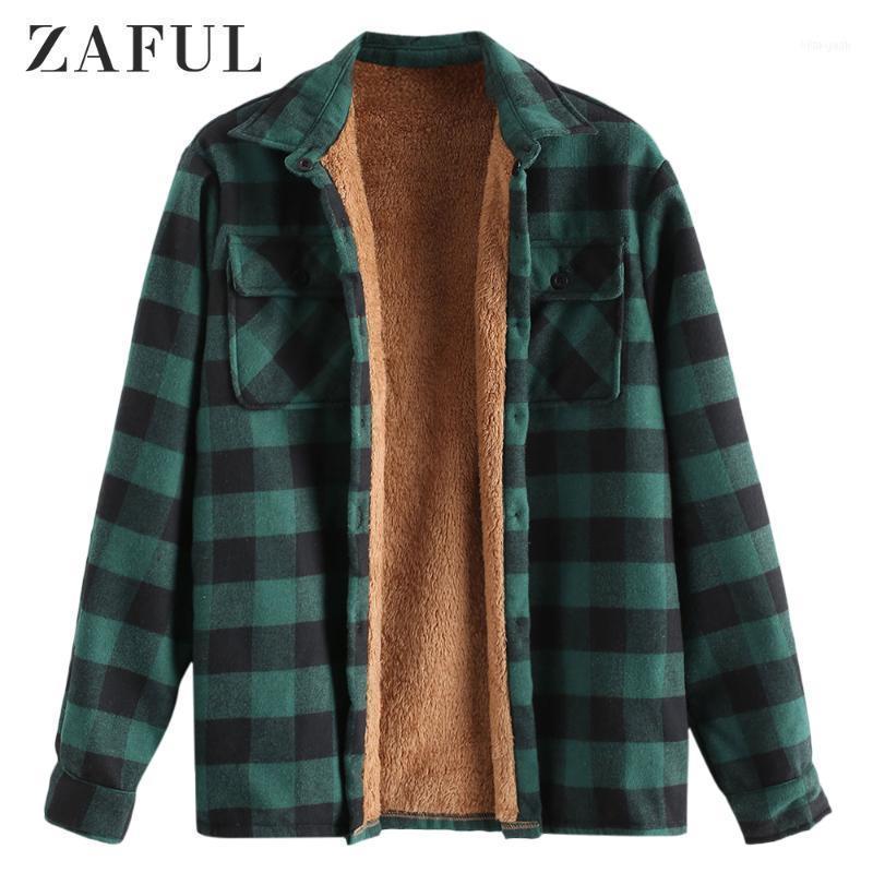 

Men' Jackets ZAFUL Winter Men Chest Pocket Plaid Plush Jacket Shirts Long Sleeve Striped Print Blouse Button Outdoor1, Red