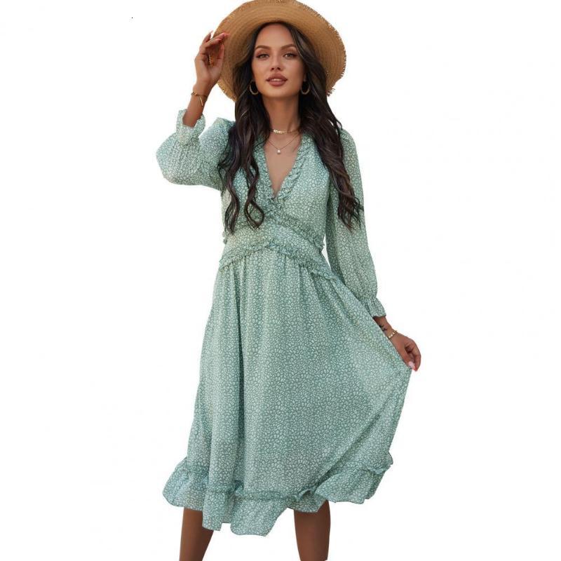 

Casual Dresses Women Floral Print Deep V Neck Spring Long Sleeve Large Ruffle Hem Midi Streetwear for Party Female Elegant 7AZI, Blue