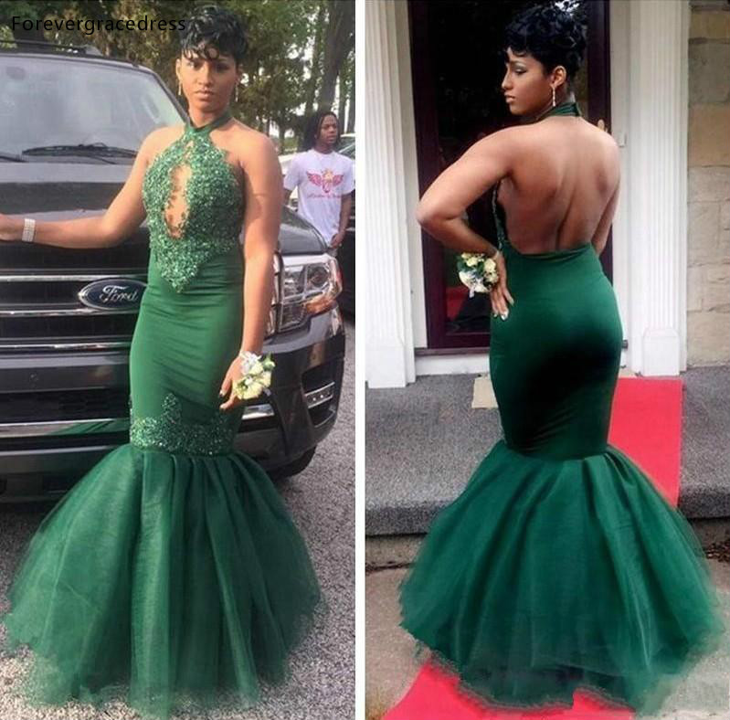 

Mermaid Halter Prom Dresses Dark Green Backless Tulle Lace Evening Party Gowns Tailor Made Plus Size Available, Dark navy