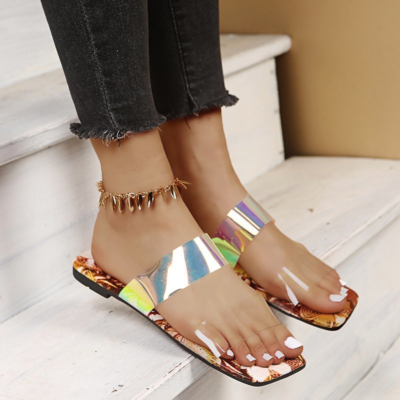 

Sandals Outdoor Roman Diamond Flat Heel Sexy Slippers Women Summer 2021 Fashion PVC Female Flip Flops Beach Flowers 37N4, Gray