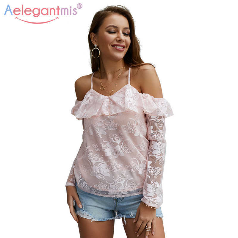 

Aelegantmis Spring Summer Women Lace Tops Sexy Off Shoulder Backless Strap Ladies Ruffles Long Sleeve Blouse Shirt 210607, Pink