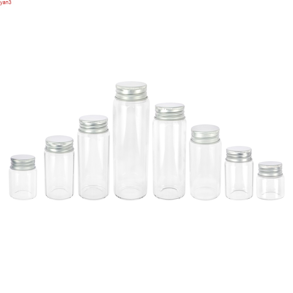 

25ml 30ml 40ml 50ml 60ml 70ml 80ml 90ml Glass Bottle With Silver Screw Aluminum Cap Spice Food Container Jars Vials DIY 24pcshigh qty