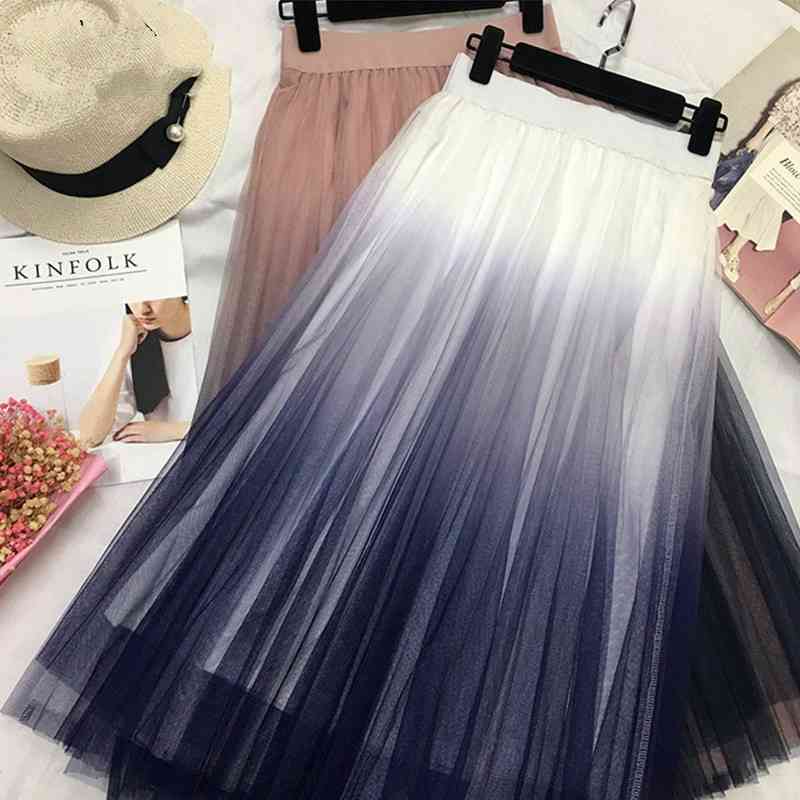 

Spring High Waist A-line Pleated Midi Skirt Gradient Color Long Female School Elegant Casual s 210603, Gray