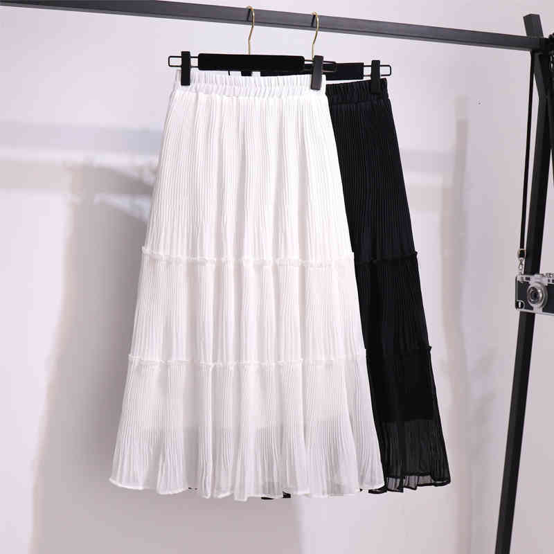 

skirts Woman Elegant Frill Trim Chiffon Pleated Summer Skirts Womens Elastic High Waist Solid Casual Midi Skirt, Black