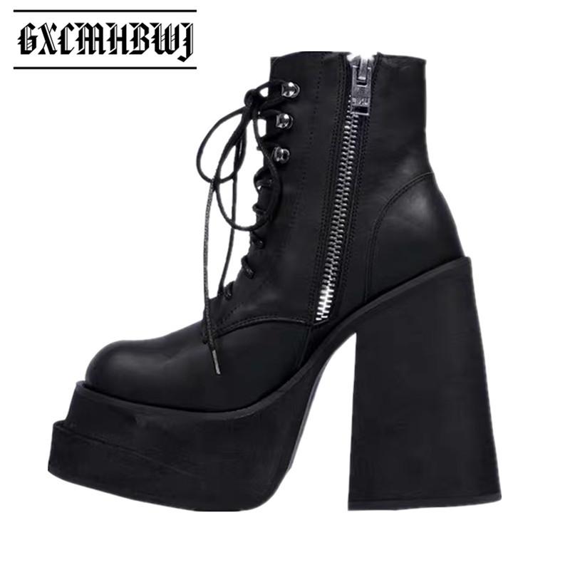 

Boots GXCMHBWJ High Quality Genuine Leather Women Ankle Spring Fall Thick Bottom Heel Platform Riding Punk Lady Shoes, Black
