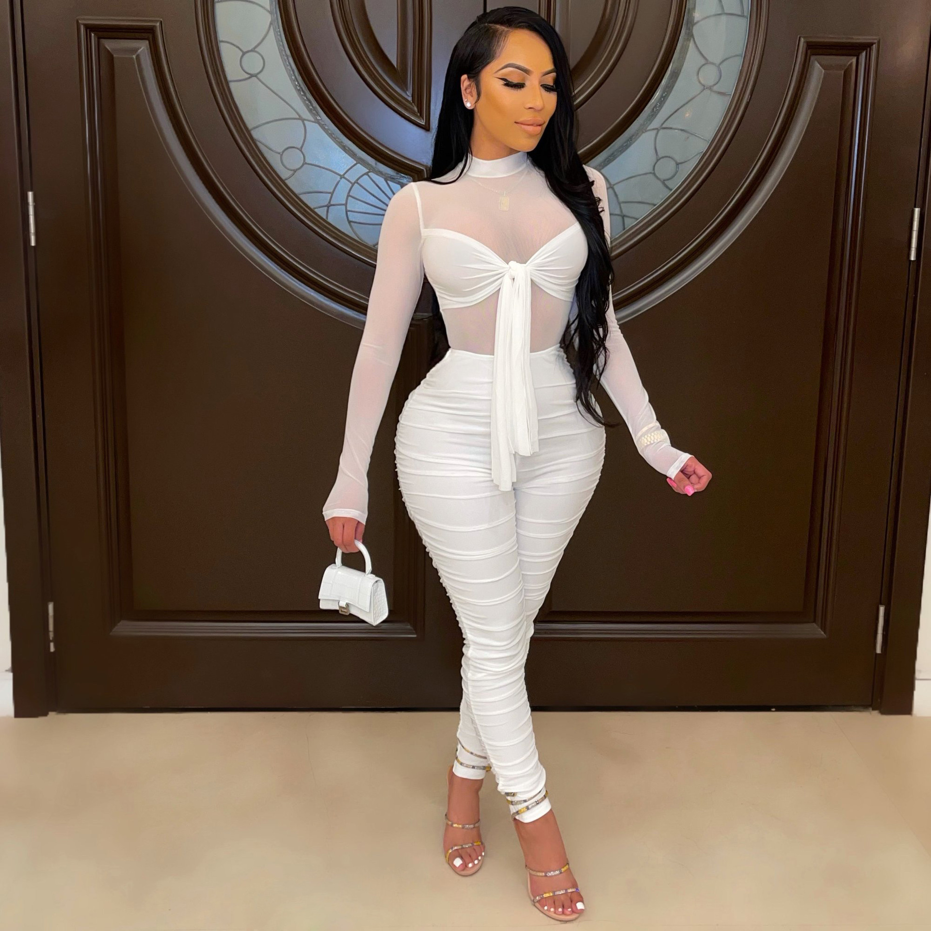 

Long Sleeve pants Tight Strap High Elastic Nightclub Sexy Mesh Jumpsuit, White